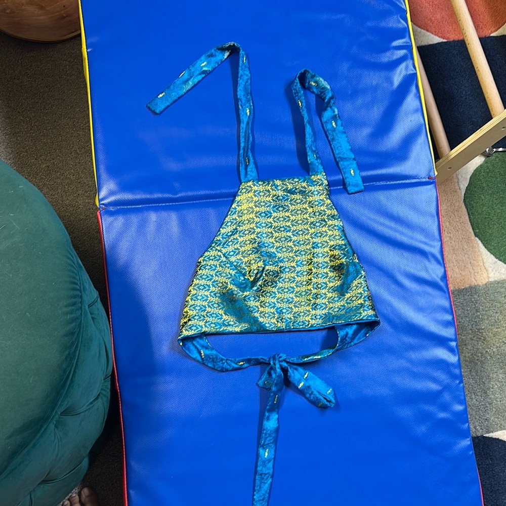 Reversible Asian silk shiny halter top blue and gold green
